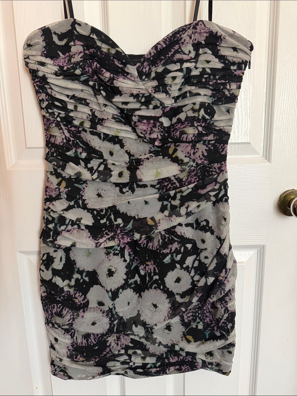 BCBGMaxAzria Strapless Floral Ruched Dress in Black, Gray and Lavender
